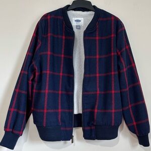 Old Navy Sherpa Lined Navy Red Plaid Wool Blend Zip Up Preppy Bomber jacket L